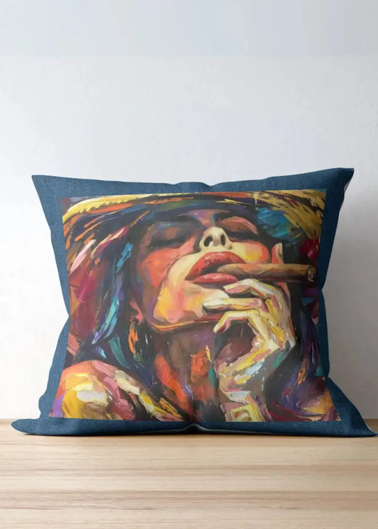 Decorative pillow with a colorful portrait of a person smoking on a wooden surface.