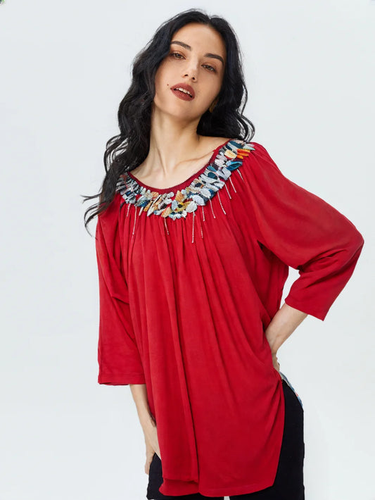 Coin Embellished Baby Doll Knit Top – Elegant & Trendy Style