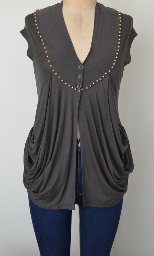 Grey beaded modified baby doll style knit top