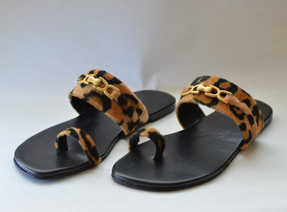 Leopard Printed Velvet Flip Flops