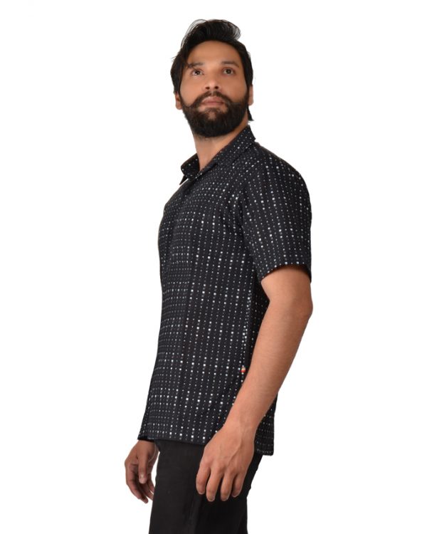 Polka Dot Short Sleeves Black Camp Shirt