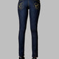 Dark blue jeans with goldlogo embroidery accents on back pockets
