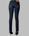 Dark blue jeans with goldlogo embroidery accents on back pockets