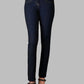 Dark blue jeans with golden topaz hotfit stones in one leg 
