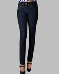 Dark blue jeans with golden topaz hotfit stones in one leg 