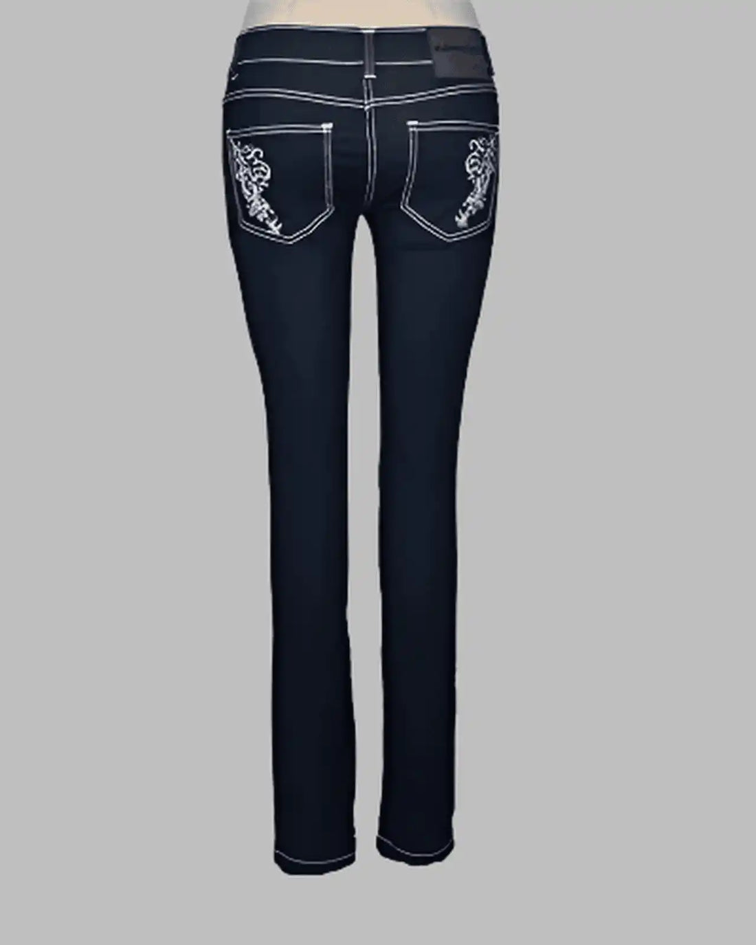 Black jeans with white embroidery on a gray background