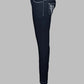 Dark Blue mid rise skinny jeans with white stitching. crystal button and rivet, embroidery with hot fix crystals on back pocket  