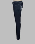 Dark Blue mid rise skinny jeans with white stitching. crystal button and rivet, embroidery with hot fix crystals on back pocket  
