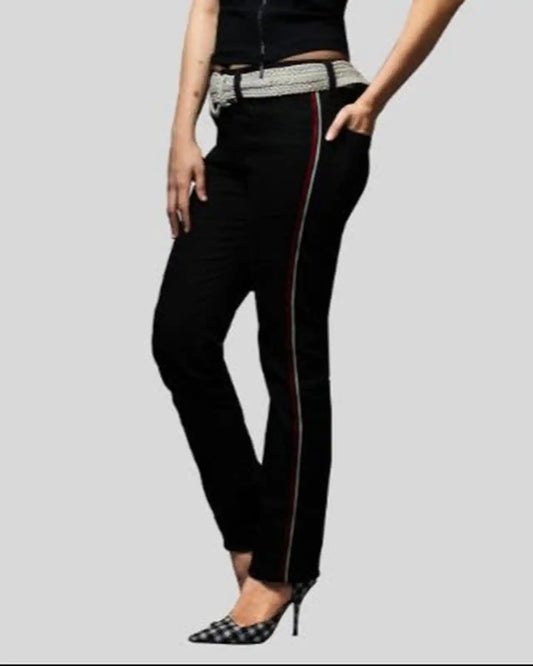 Black pants with a red stripe on a gray background