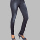 Dark blue jeans worn by a person on a gray background