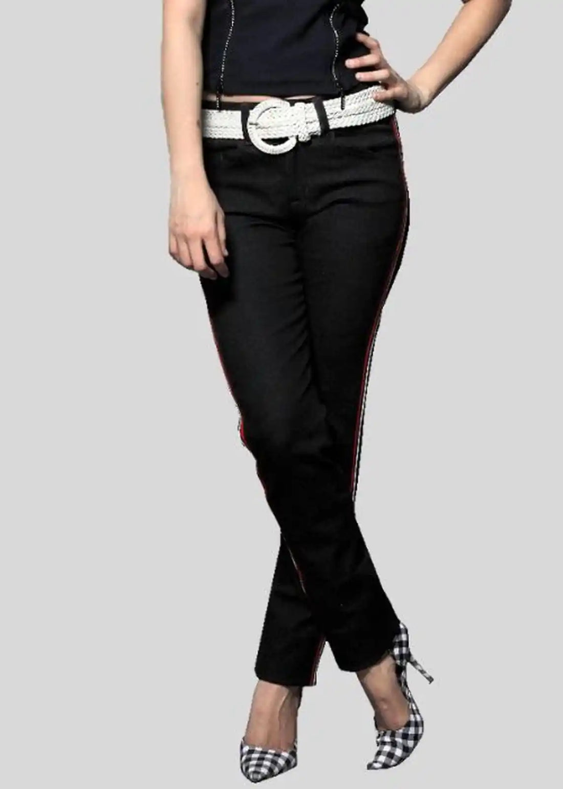 Black pants with a red stripe on a gray background