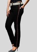 Black pants with red stripe on a gray background
