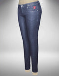 Dark wash low rise Skinny Jeans with tonal stitching, Crytal Button and Rivet