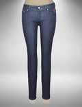 Dark wash low rise Skinny Jeans with tonal stitching, Crytal Button and Rivet