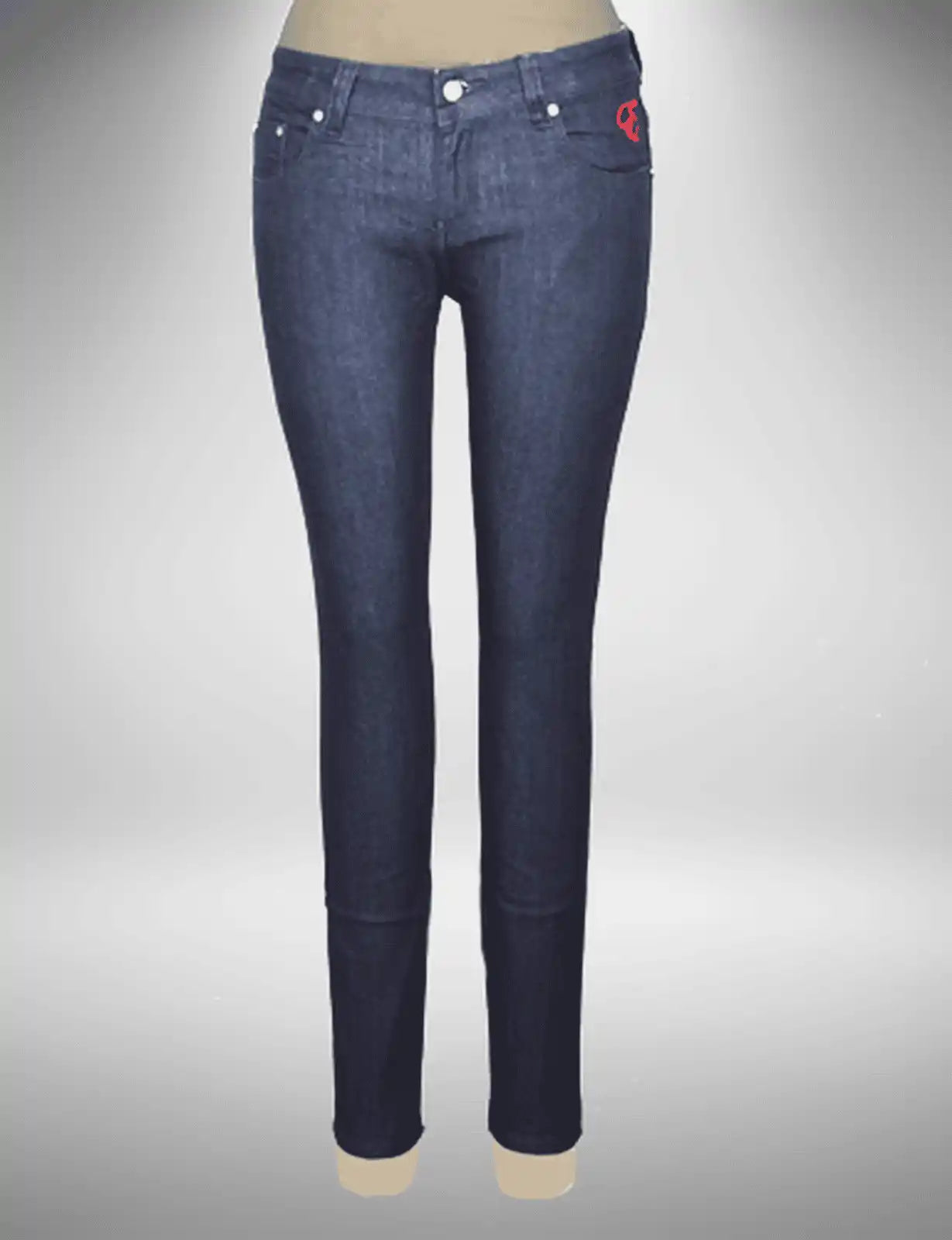 Dark wash low rise Skinny Jeans with tonal stitching, Crytal Button and Rivet