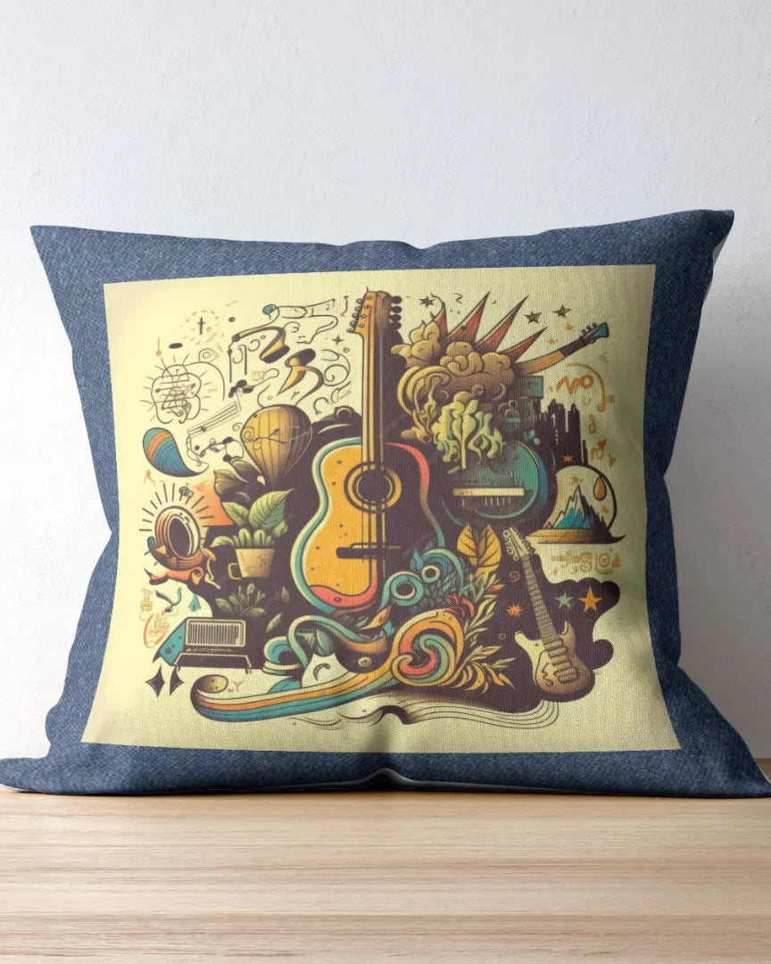 Decorative pillow with colorful abstract design on a wooden surface