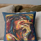 Colorful pillow with a stylized portrait of a person smoking a cigar on a couch.