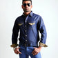 Man wearing a denim shirt and jeans on a white background