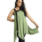Woman wearing a green and black sleeveless top on a white background