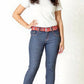 Woman wearing blue jeans with a red belt on a white background