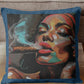 Decorative pillow with a colorful face design on a couch.