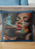 Decorative pillow with a colorful face design on a couch.