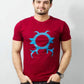 Man wearing a red t-shirt with a blue logo on a white background