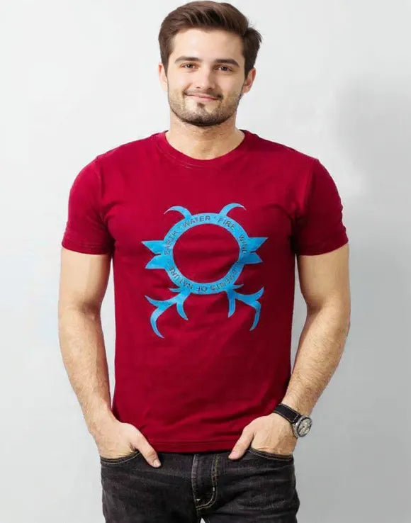 Man wearing a red t-shirt with a blue logo on a white background