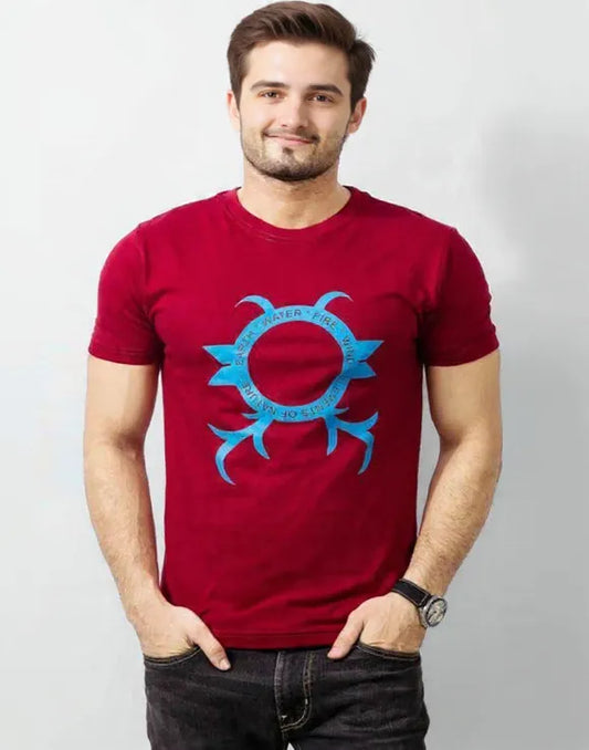 Man wearing a red t-shirt with a blue logo on a white background