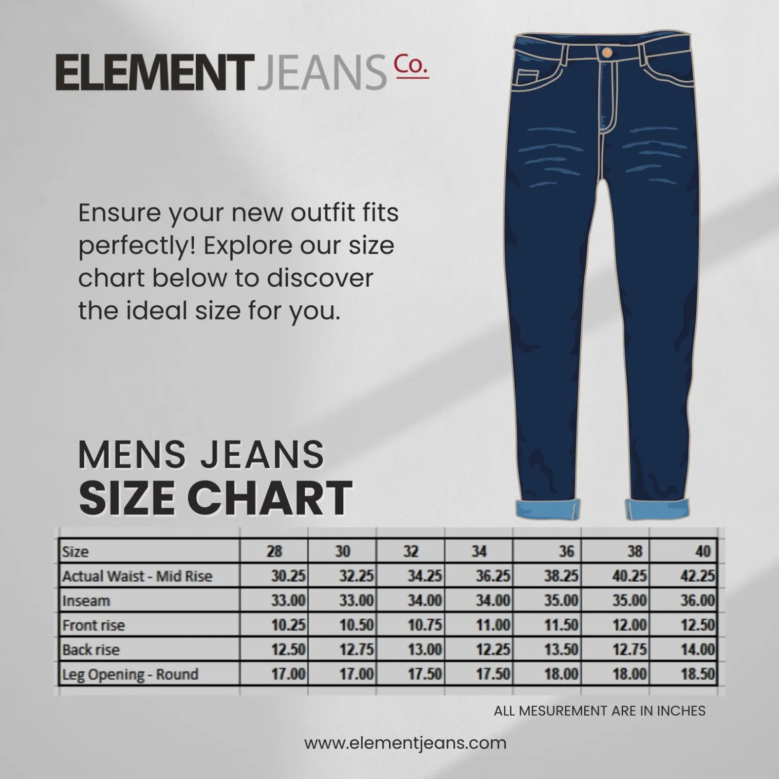 Element Jeans Co. size chart for men's jeans on a gray background