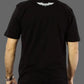 Person wearing a black t-shirt with a logo on the back against a gray background