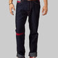 Person wearing dark blue jeans with red accents and a brown belt, standing against a white background. Brand 'Element Jeans Co.