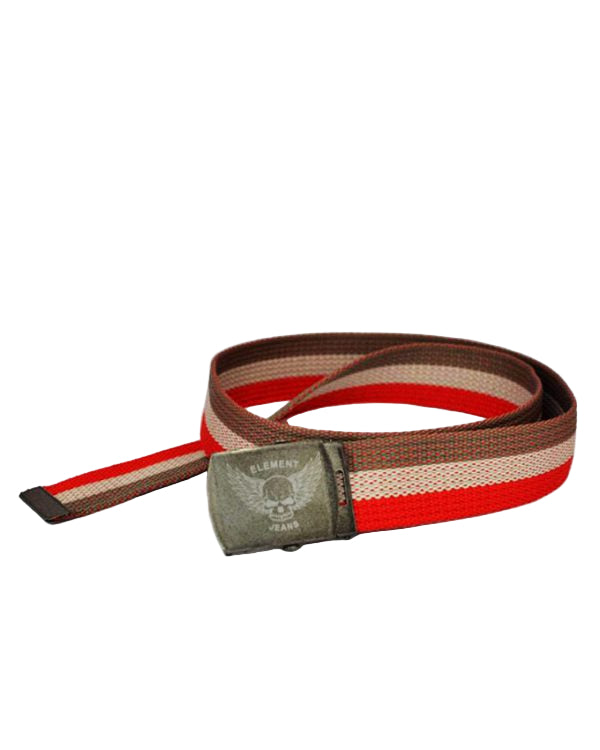 A tri-color canvas belt with a flying skull embossed metal buckle.
