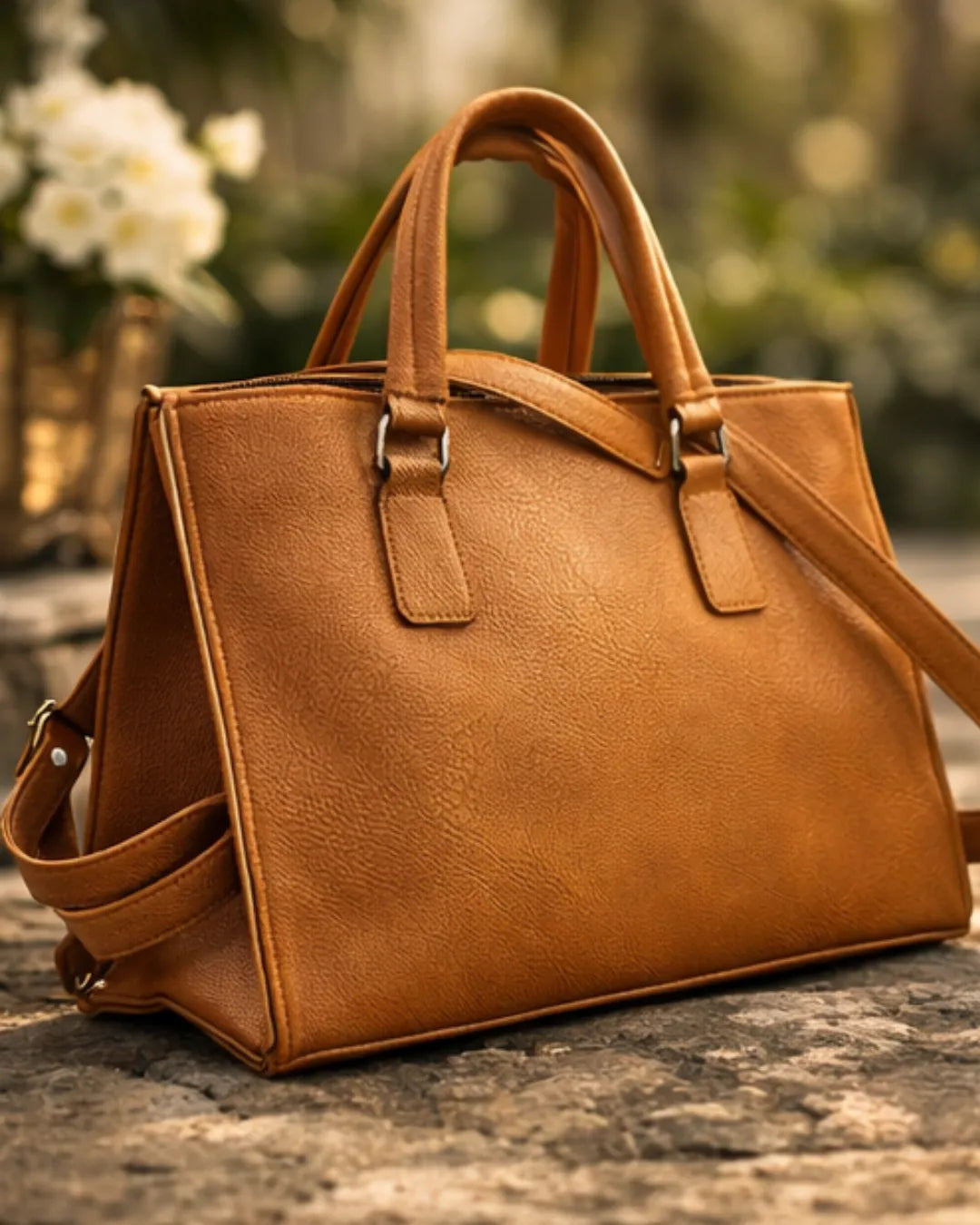 Dark Tan Faux leather handbag on a stone surface with a blurred floral background