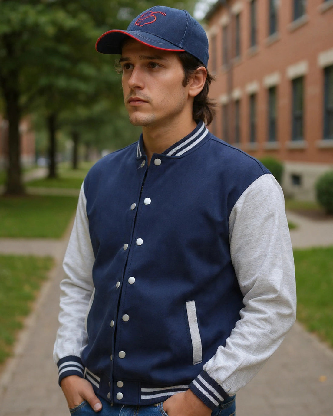 Man wearing a navy blue and white varsity jacket with a matching cap outdoors.