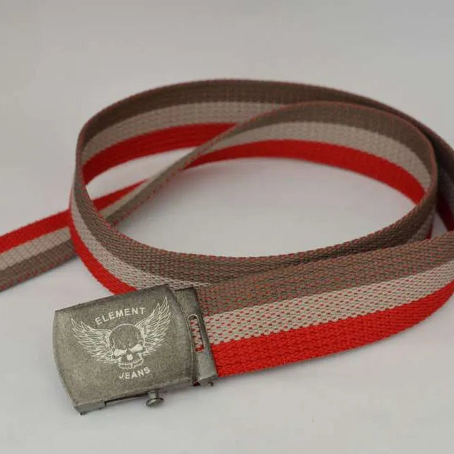 Charcoal, Gray & Red canvas belt with Flying skull metal buckle 