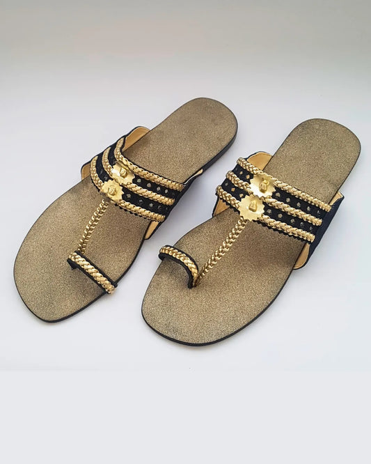 Gold & Black Kolapuri with glittering sole
