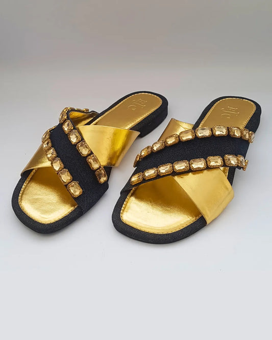 Gold & Denim Flat Slippers with Crystal embellishment