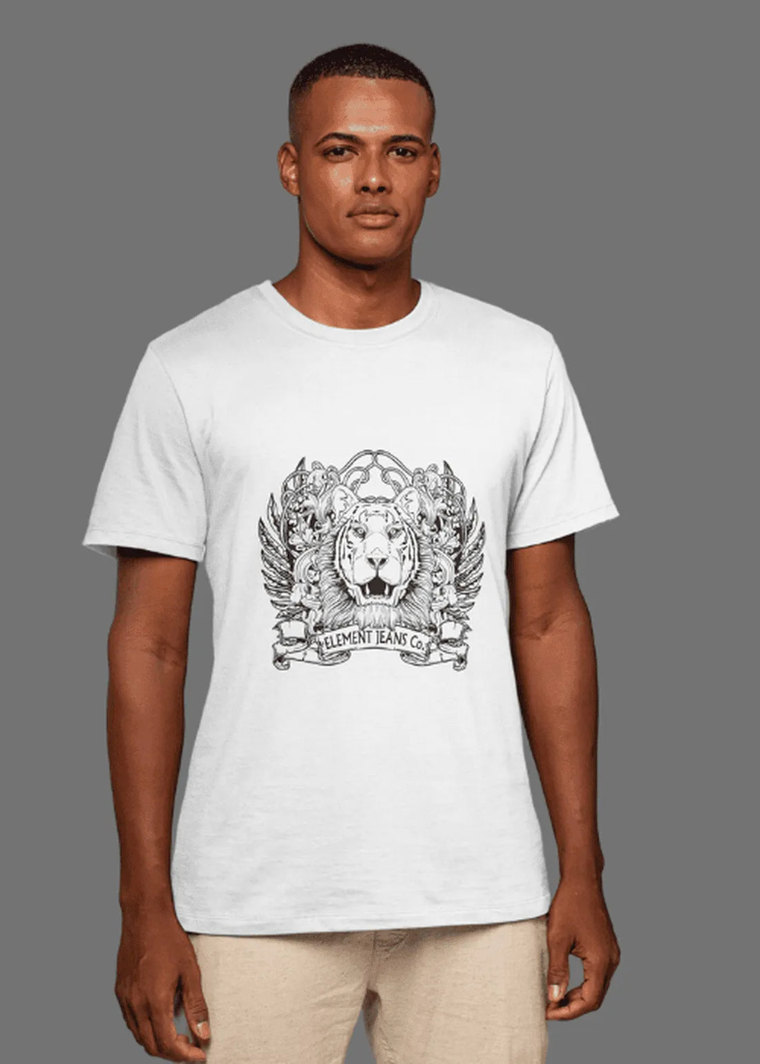 Man wearing a white t-shirt with a black graphic design on a gray background