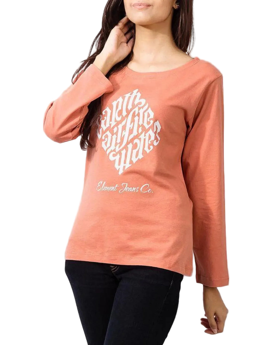 Woman wearing a coral sweatshirt with text on a plain background