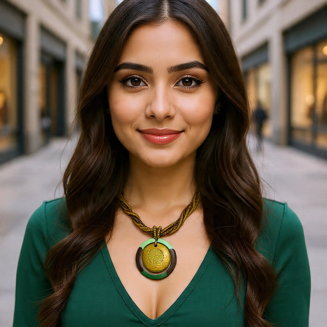 Woman wearing a gold and green necklace and earrings on a plain background