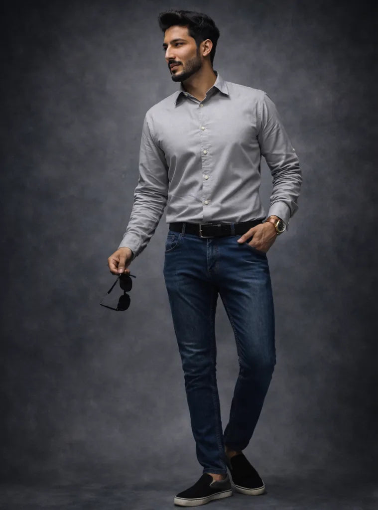 Man wearing a light gray shirt and dark jeans with a watch, sitting against a dark background