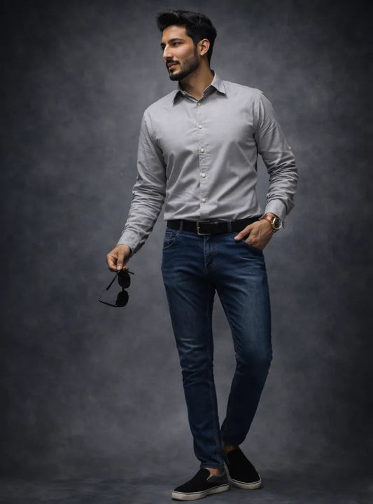 Man wearing a light gray shirt, dark jeans, and black shoes against a dark background