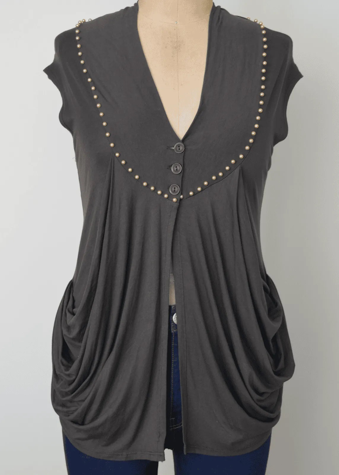 Grey beaded modified baby doll style knit top