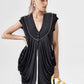 Grey beaded modified baby doll style knit top