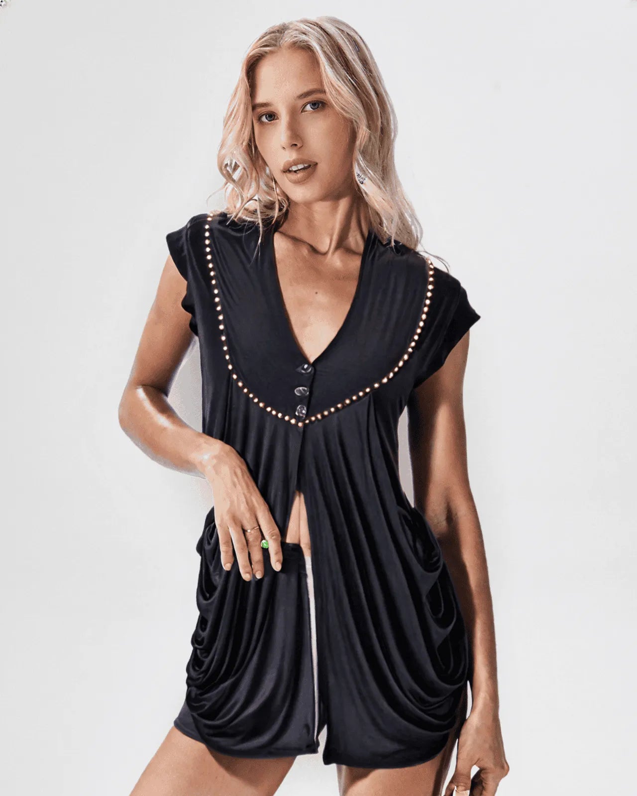 Grey beaded modified baby doll style knit top