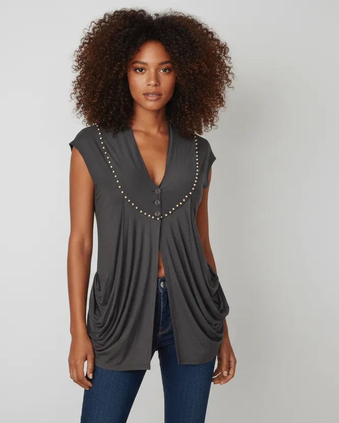 Grey beaded modified baby doll style knit top