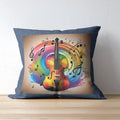 Decorative pillow with a colorful violin and music notes design on a wooden surface.