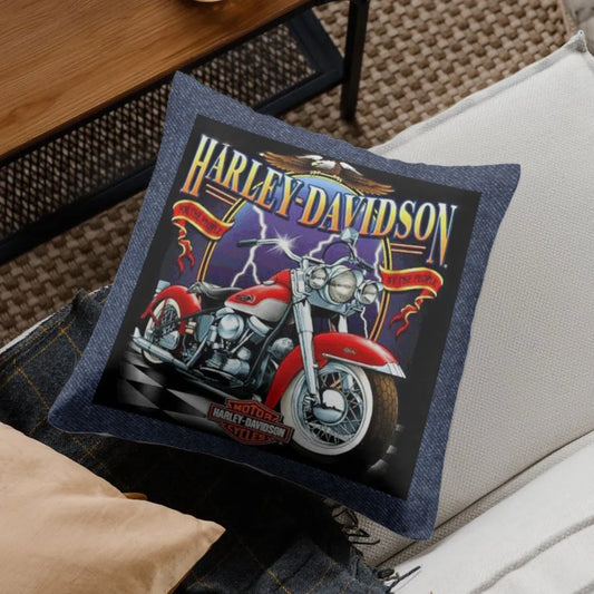 Harley-Davidson pillow with motorcycle design on a couch