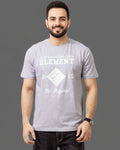 Person wearing a gray t-shirt with white text and logo on a plain background